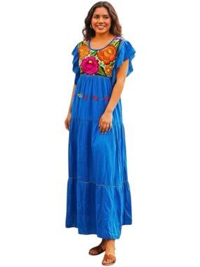 Boho Floral Maxi Dress, Tiered Peasant Style, Cotton V-Neck, Embroidered Design